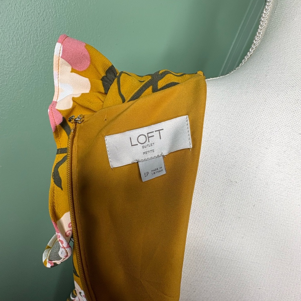 LOFT Mustard Floral Mini Dress Small Petite - Picture 8 of 9